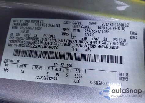 2023 Ford Escape Active из США, поврежденный, VIN 1FMCU0GZ2PUA66070